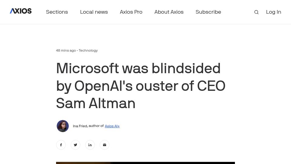 Screenshot of axios.com: Microsoft was blindsided by OpenAI's ouster of CEO Sam Altman