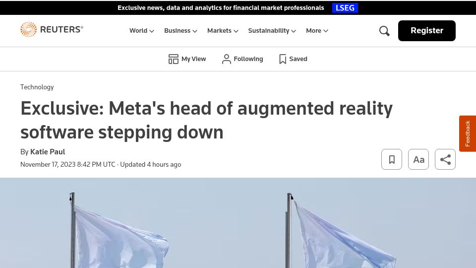 Screenshot of reuters.com: Meta's head of augmented reality software stepping down
