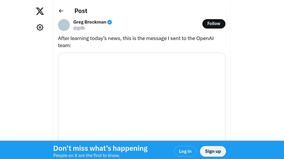 Screenshot of twitter.com: Greg Brockman Quits OpenAI