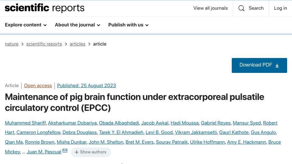 Screenshot of nature.com: Pig brain function under extracorporeal pulsatile circulatory control