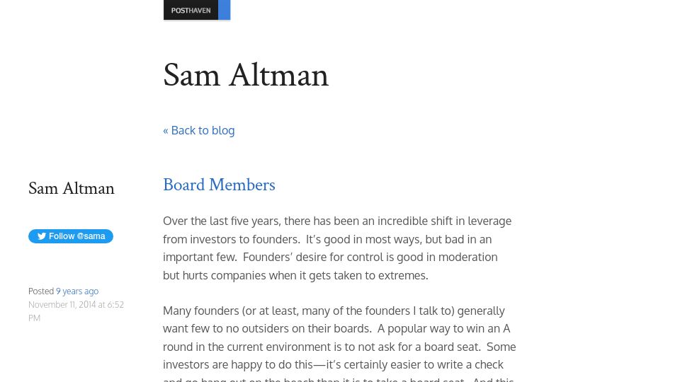 Screenshot of blog.samaltman.com: Board Members (2014)