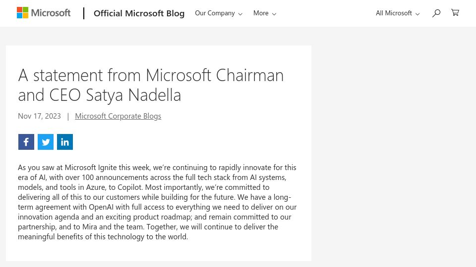 Screenshot of blogs.microsoft.com: Satya Nadella's Statement on OpenAI