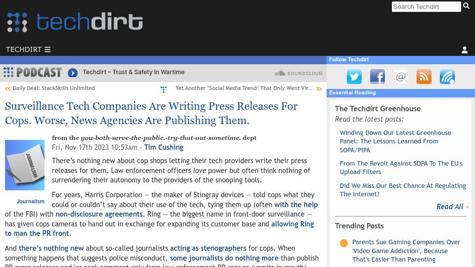 Screenshot of techdirt.com: Surveillance Tech Write Press Releases for Cops; News Agencies Are Publishing It
