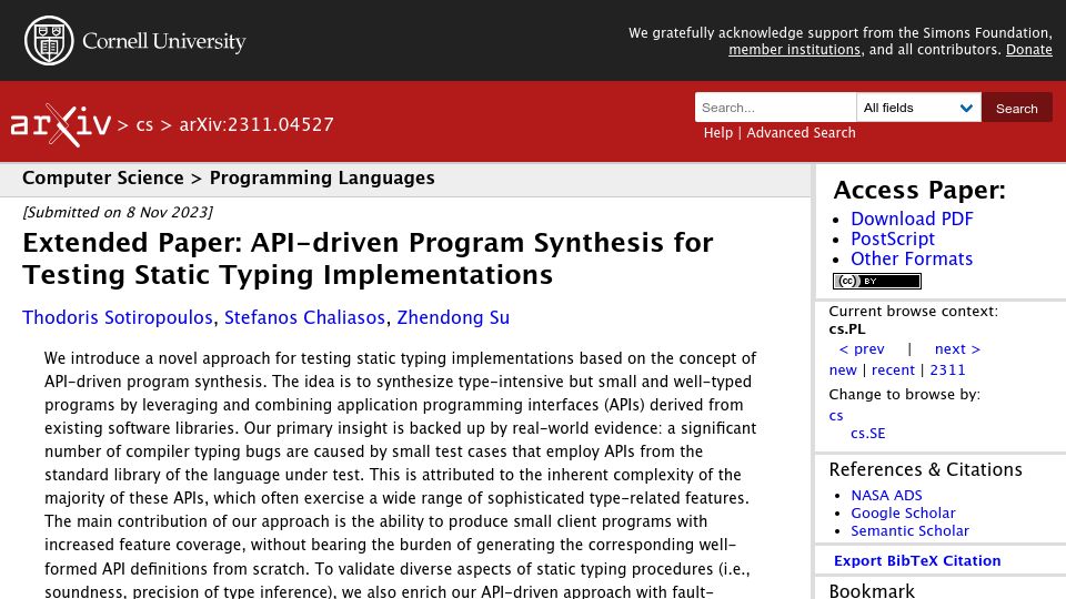 Screenshot of arxiv.org: API-Driven Program Synthesis for Testing Static Typing Implementations
