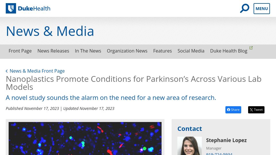 Screenshot of corporate.dukehealth.org: Nanoplastics promote conditions for Parkinson's across various lab models