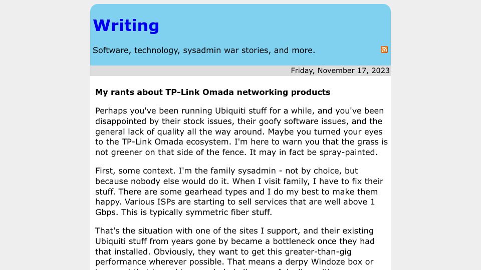 Screenshot of rachelbythebay.com: My rants about TP-Link Omada networking products