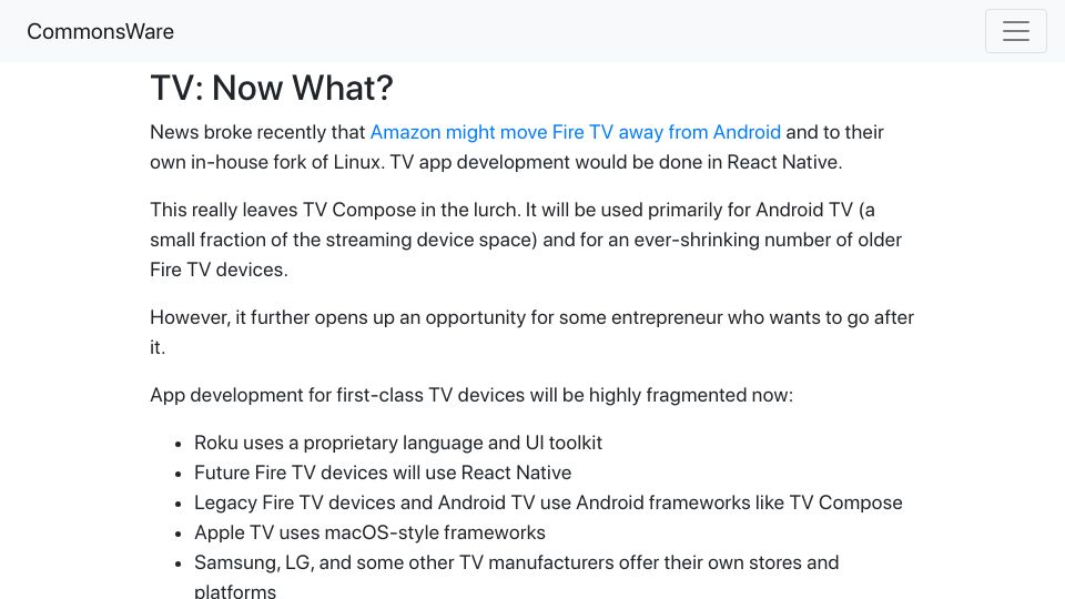 Screenshot of commonsware.com: TV: Now What?