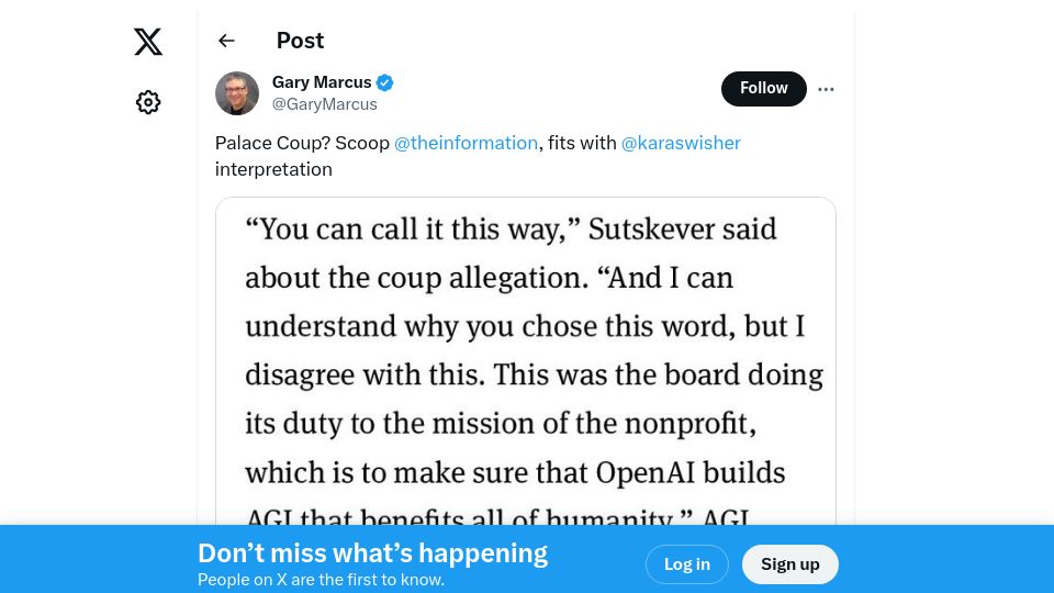 Screenshot of twitter.com: Sutskever: OpenAI board doing its mission to build AGI that benefits all