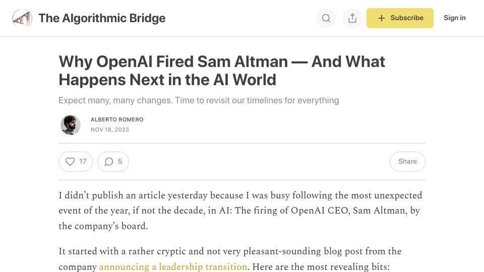 Screenshot of thealgorithmicbridge.substack.com: Why OpenAI Fired Sam Altman – and What Happens Next in the AI World