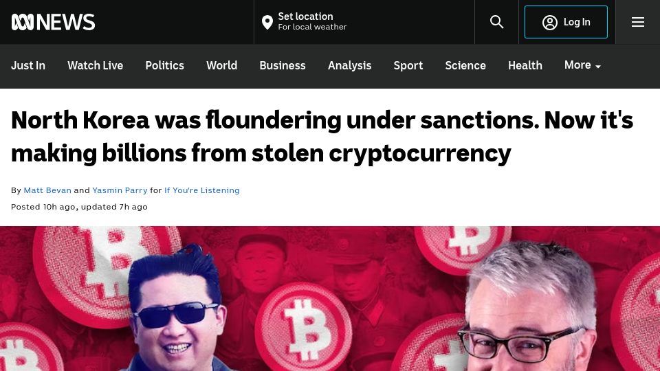 Screenshot of abc.net.au: North Korea making billions from stolen cryptocurrency
