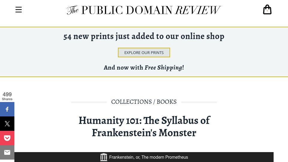 Screenshot of publicdomainreview.org: Humanity 101: The Syllabus of Frankenstein's Monster