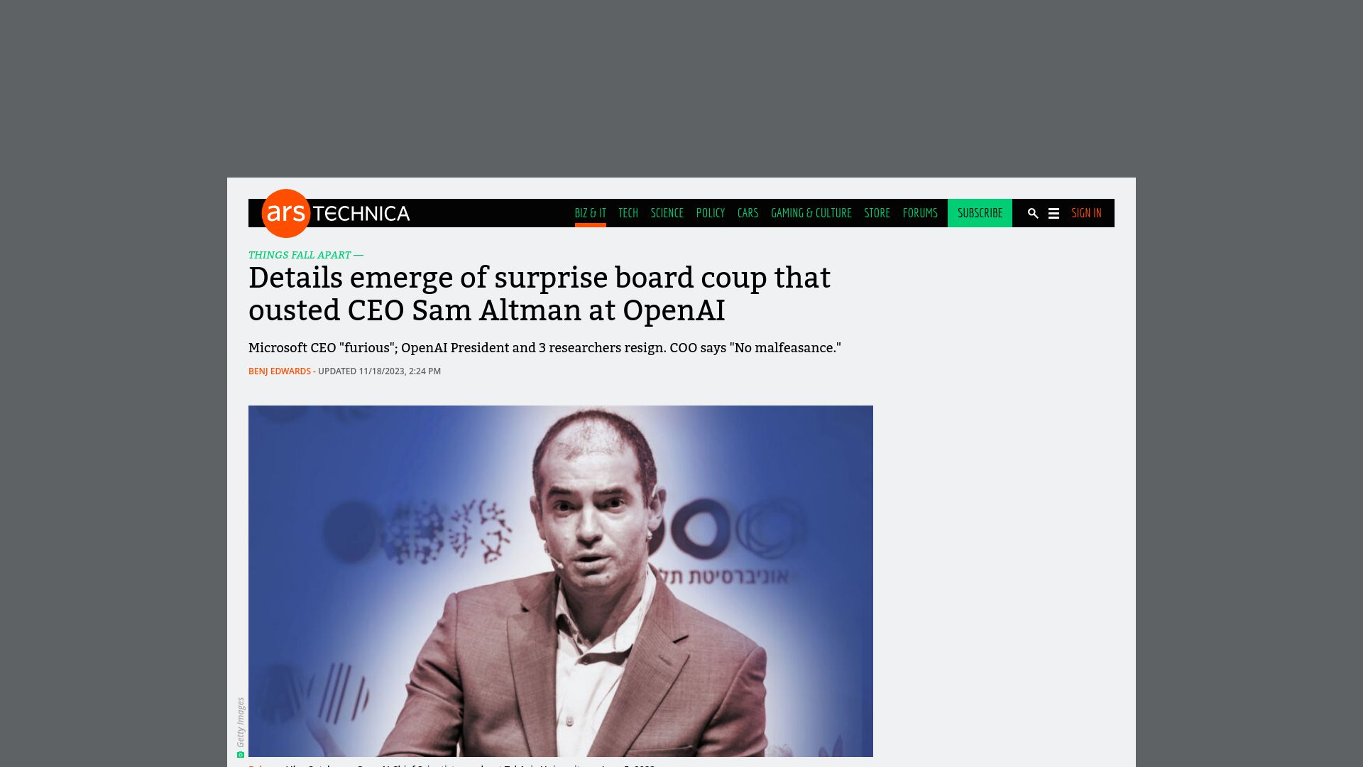 Screenshot of arstechnica.com: Details emerge of surprise board coup that ousted CEO Sam Altman at OpenAI