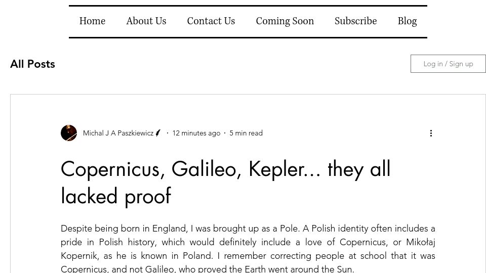 Screenshot of cricetuscricetus.co.uk: Copernicus, Galileo and Kepler all lacked proof