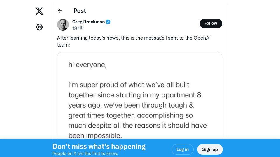 Screenshot of twitter.com: Greg Brockman quits OpenAI
