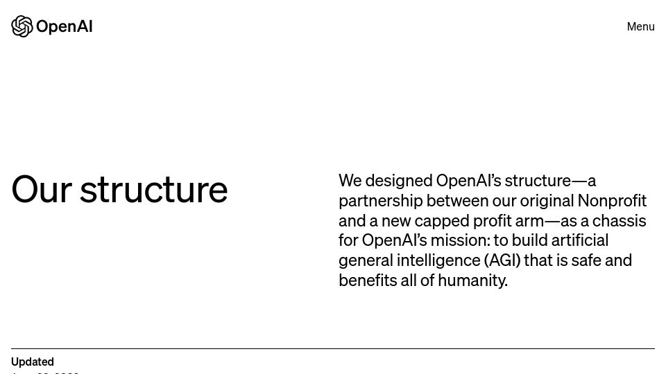 Screenshot of openai.com: Microsoft is a minority owner of OpenAI Global LLC