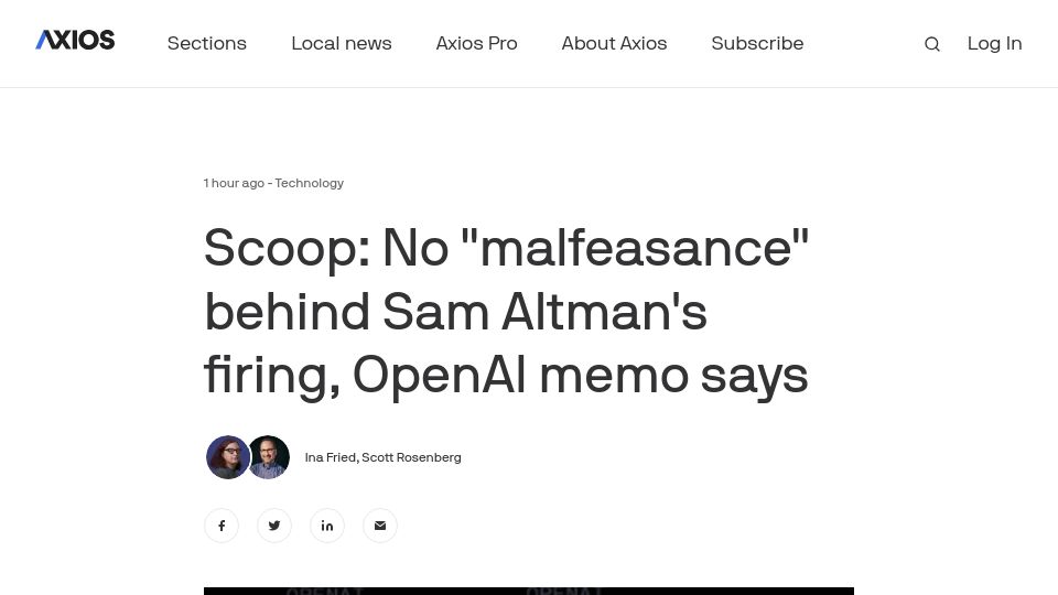 Screenshot of axios.com: No "malfeasance" behind Sam Altman's firing, OpenAI memo says