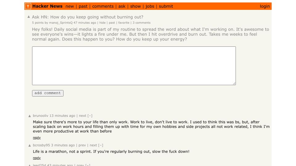 Screenshot of Hacker News post: Ask HN: How do you keep going without burning out?