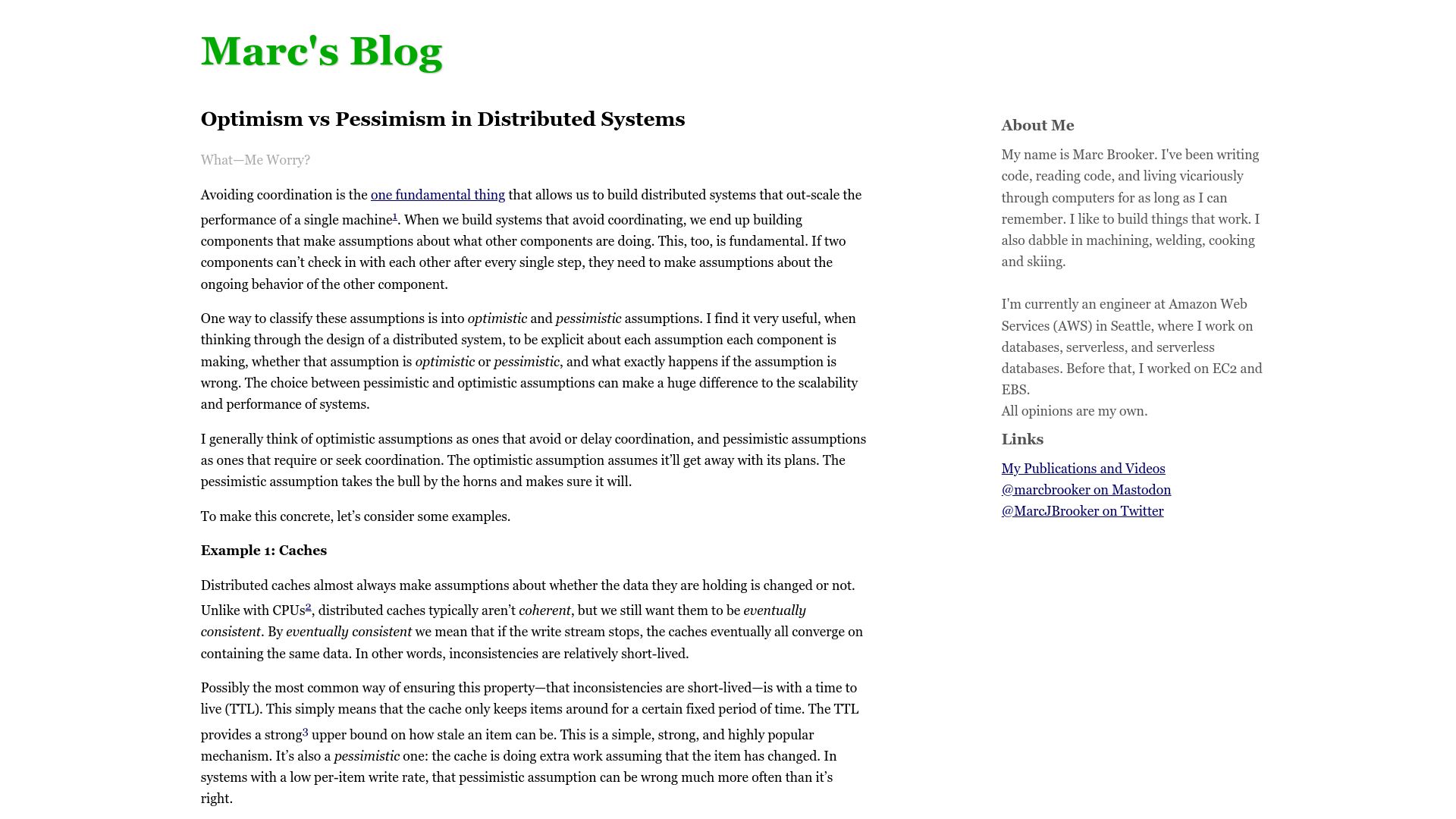Screenshot of brooker.co.za: Optimism vs. Pessimism in Distributed Systems