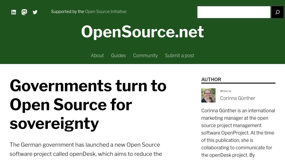 Screenshot of opensource.net: Governments turn to Open Source for sovereignty