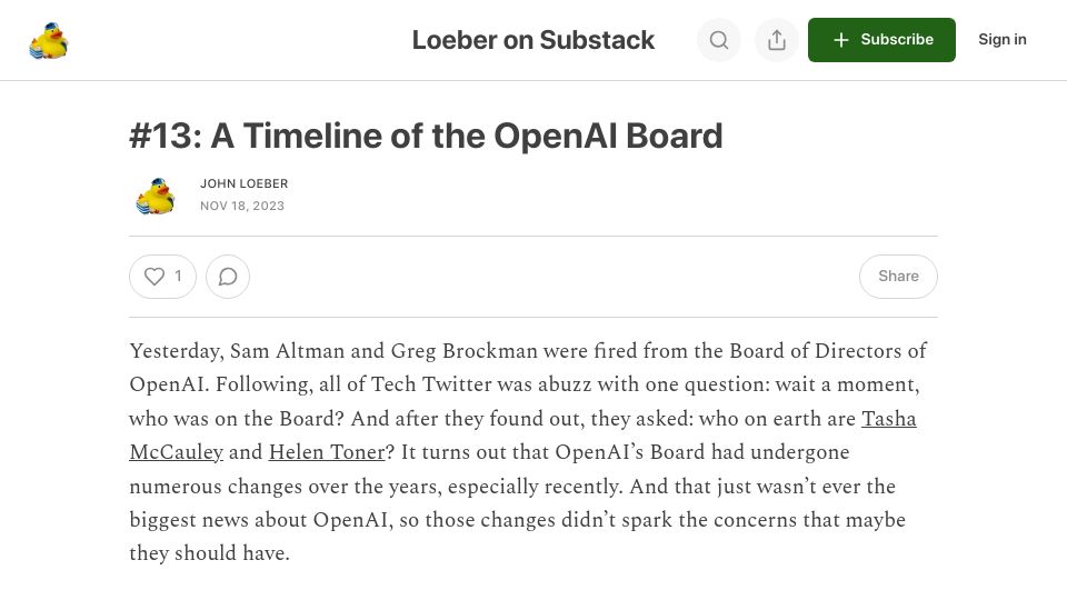 Screenshot of loeber.substack.com: A Timeline of the OpenAI Board