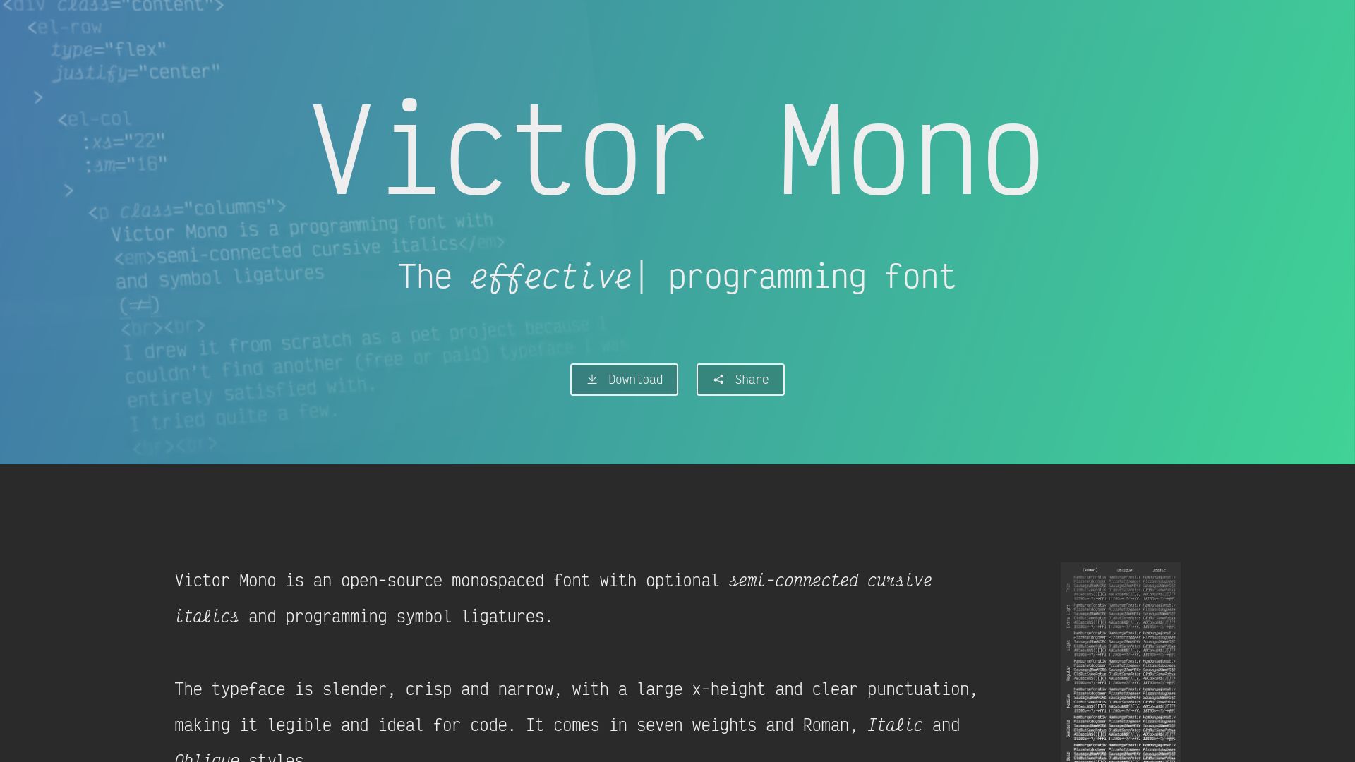 Screenshot of rubjo.github.io: Victor Mono Typeface