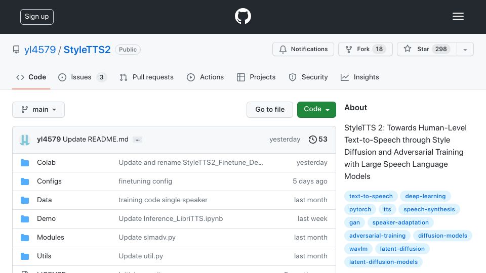 Screenshot of github.com: StyleTTS2 – open-source Eleven-Labs-quality Text To Speech