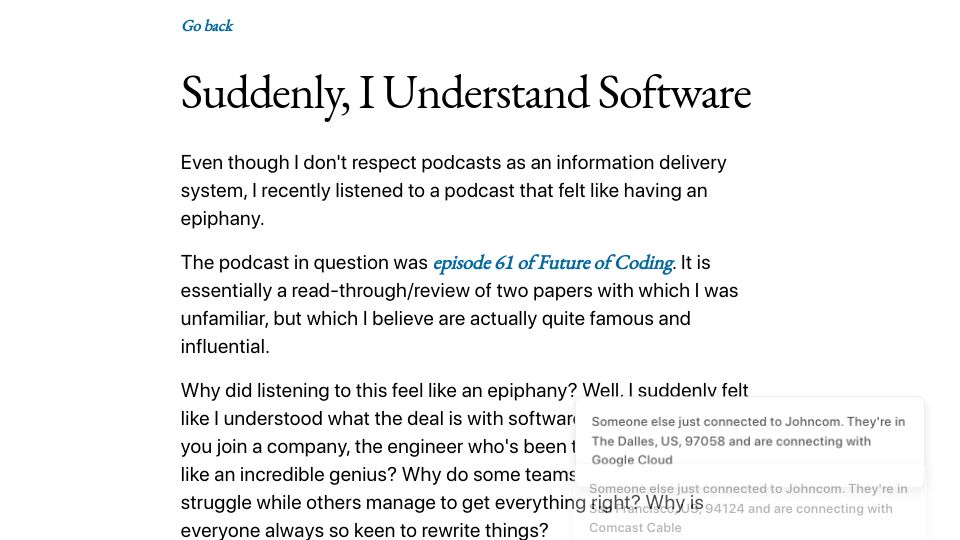 Screenshot of johnwhiles.com: A software epiphany