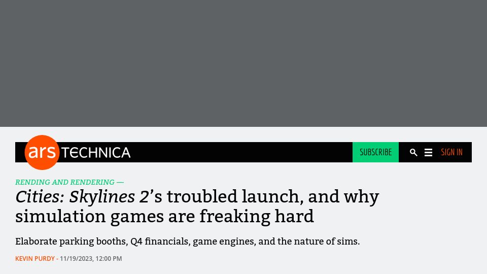 Screenshot of arstechnica.com: Cities: Skylines 2's troubled launch, and why simulation games are freaking hard