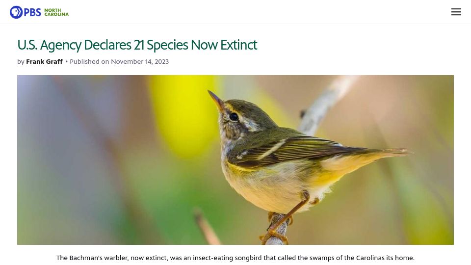 Screenshot of pbsnc.org: U.S. agency declares 21 species now extinct