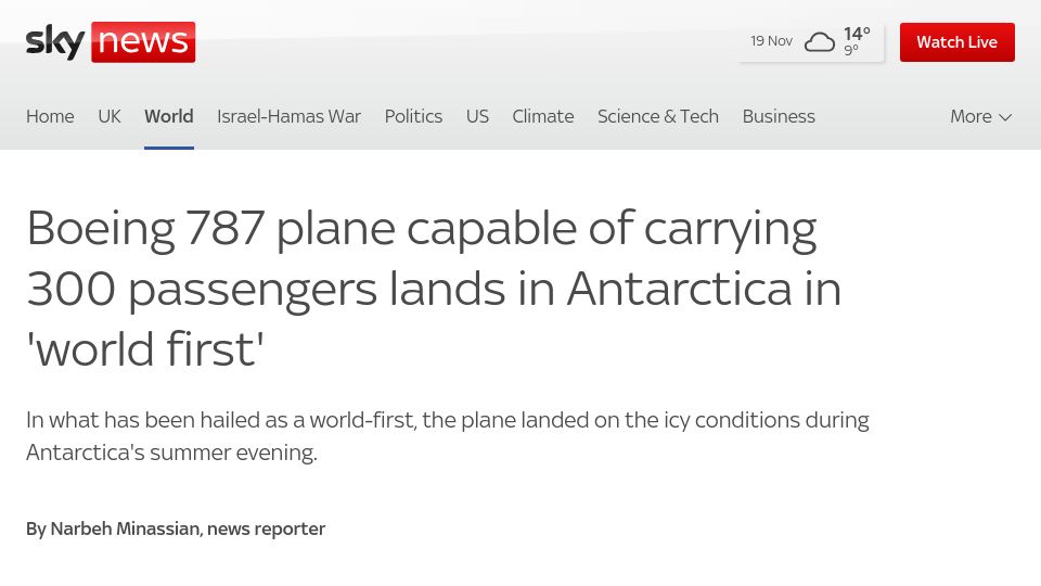 Screenshot of news.sky.com: Boeing 787 capable of carrying 300 passengers lands in Antarctica in world first