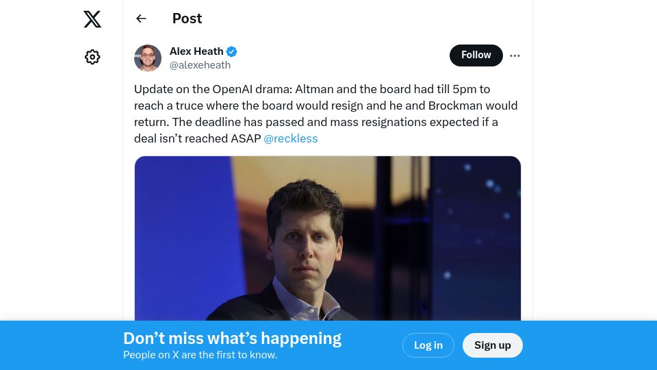 Screenshot of twitter.com: Update on the OpenAI drama: Altman and the board had till 5pm to reach a truce