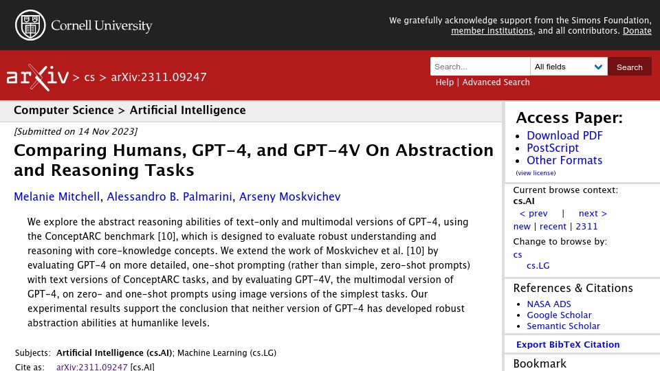 Screenshot of arxiv.org: Comparing humans, GPT-4, and GPT-4V on abstraction and reasoning tasks