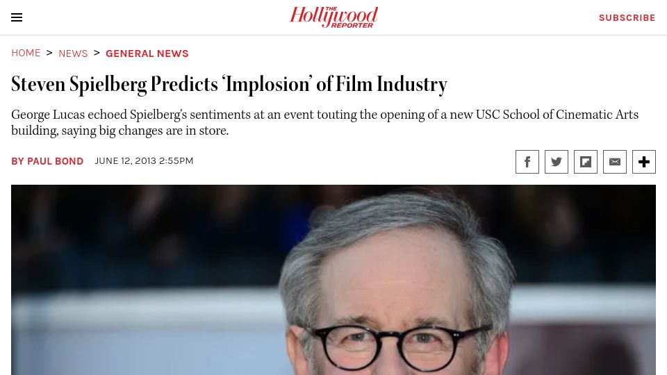 Screenshot of hollywoodreporter.com: Steven Spielberg Predicts 'Implosion' of Film Industry (2013)