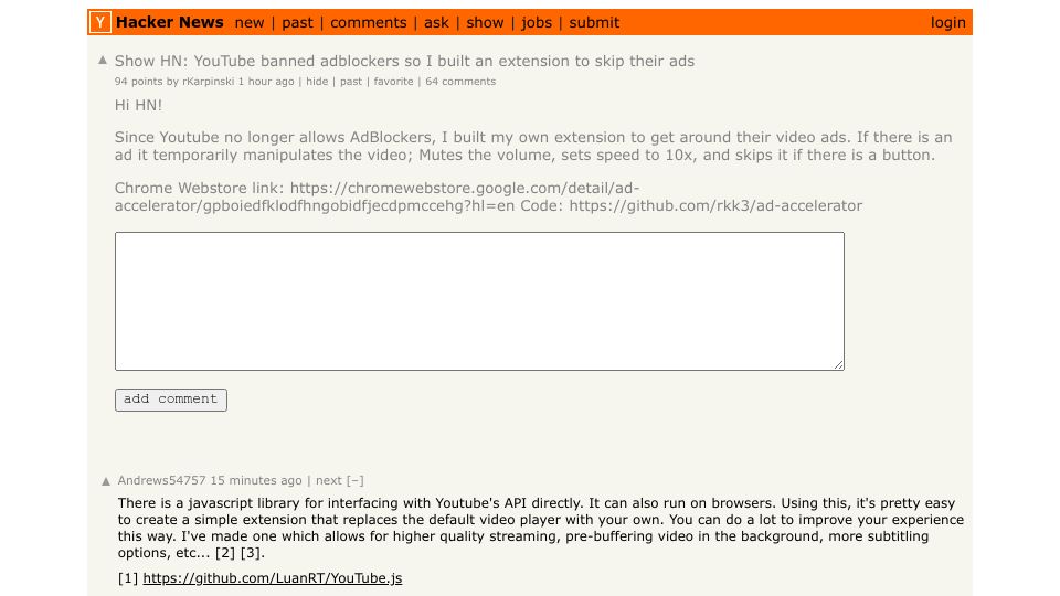 Screenshot of Hacker News post: Show HN: YouTube banned adblockers so I built an extension to skip their ads