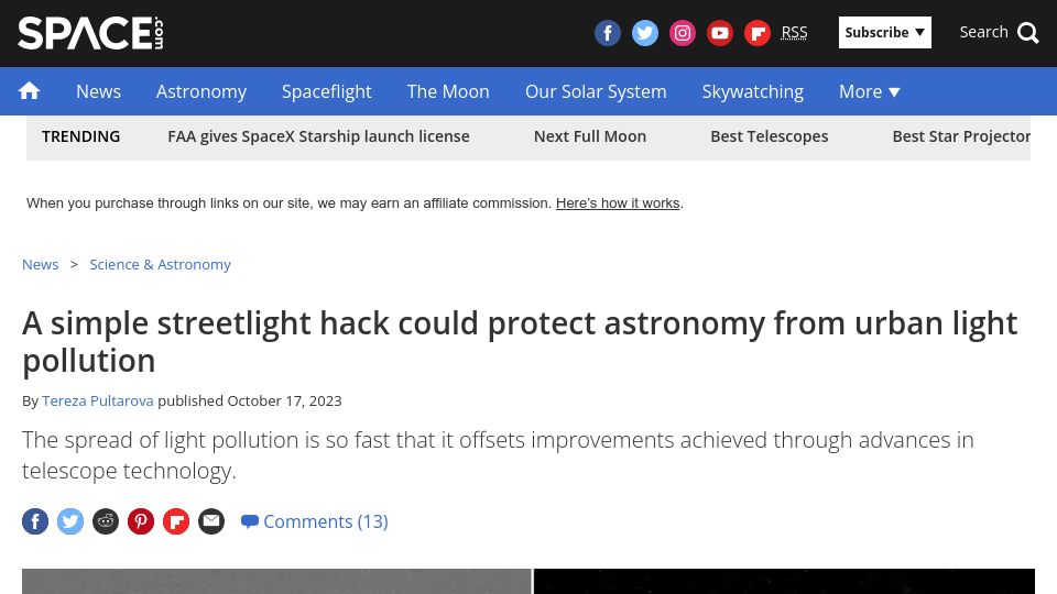 Screenshot of space.com: Simple streetlight hack could protect astronomy from urban light pollution