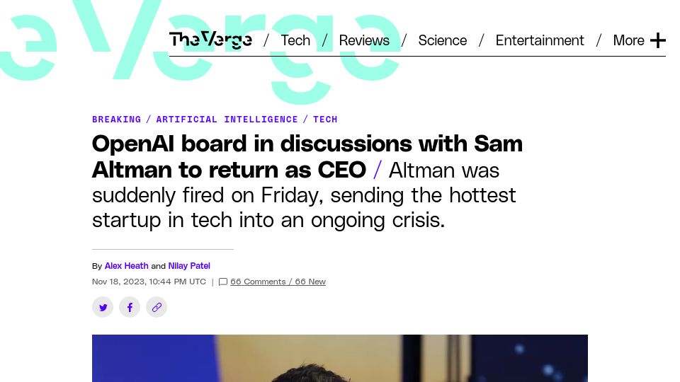 Screenshot of theverge.com: OpenAI board in discussions with Sam Altman to return as CEO