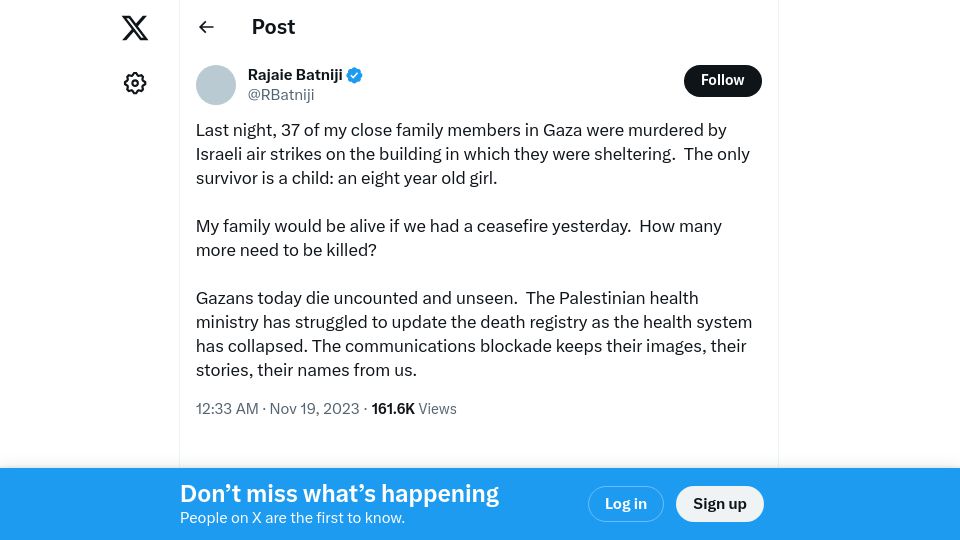 Screenshot of twitter.com: Waymark founder has 37 family members killed by Israel in airstrike