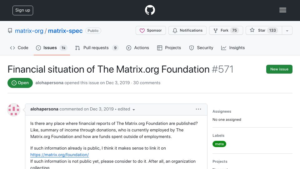 Screenshot of github.com: Non-profit Matrix.org Foundation seems to be moving funds to for-profit Element