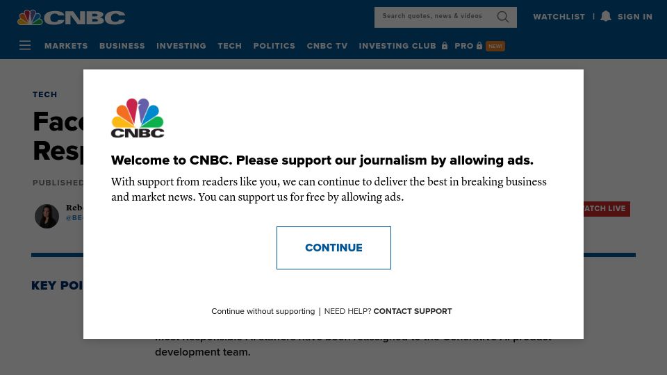 Screenshot of cnbc.com: Facebook-parent Meta breaks up its Responsible AI team