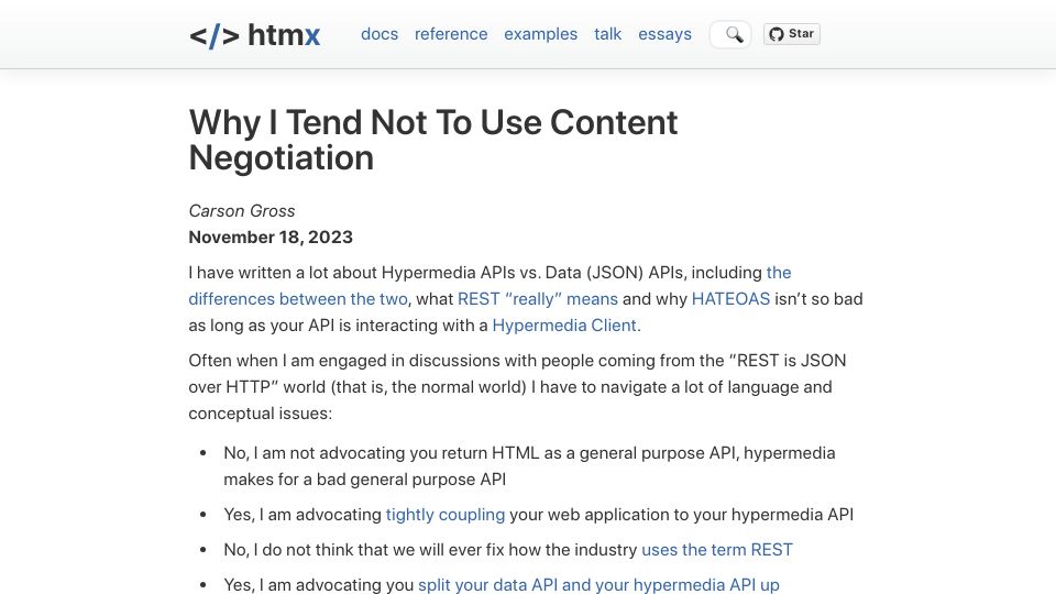 Screenshot of htmx.org: Why I tend not to use content negotiation