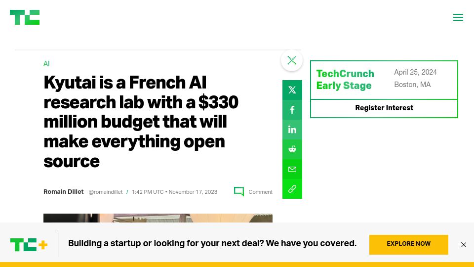 Screenshot of techcrunch.com: Kyutai AI research lab with a $330M budget that will make everything open source