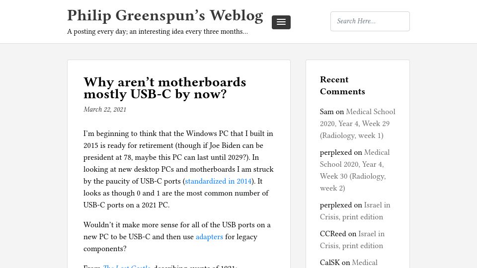 Screenshot of philip.greenspun.com: Why aren't motherboards mostly USB-C by now? (2021)