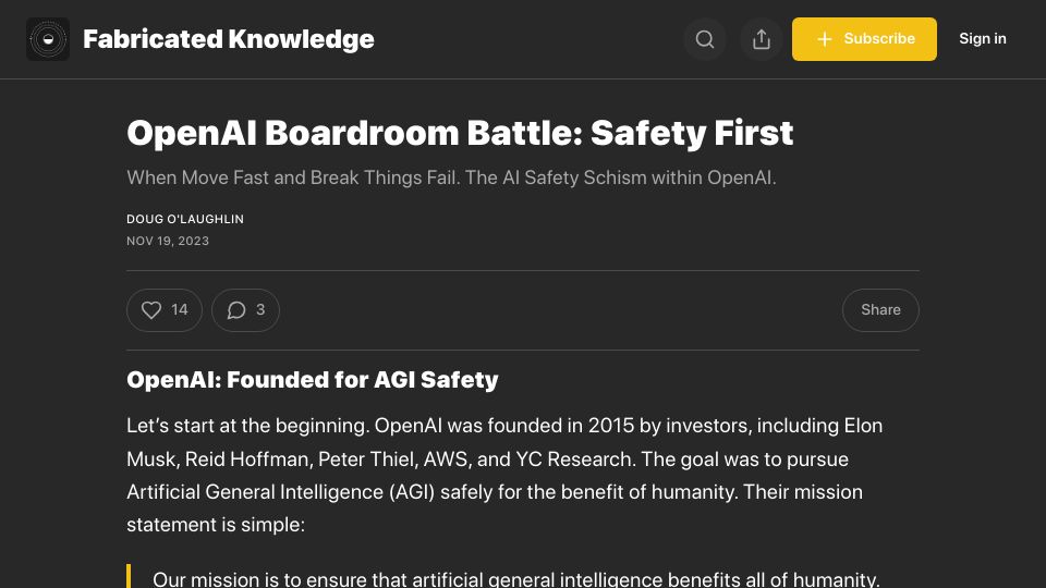 Screenshot of fabricatedknowledge.com: OpenAI Boardroom Battle: Safety First