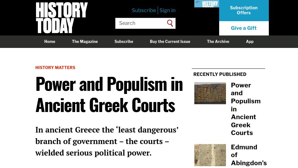 Screenshot of historytoday.com: Power and populism in ancient Greek courts