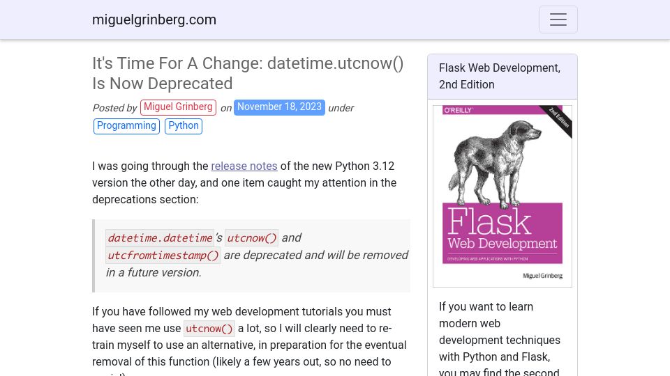 Screenshot of blog.miguelgrinberg.com: datetime.utcnow() is now deprecated