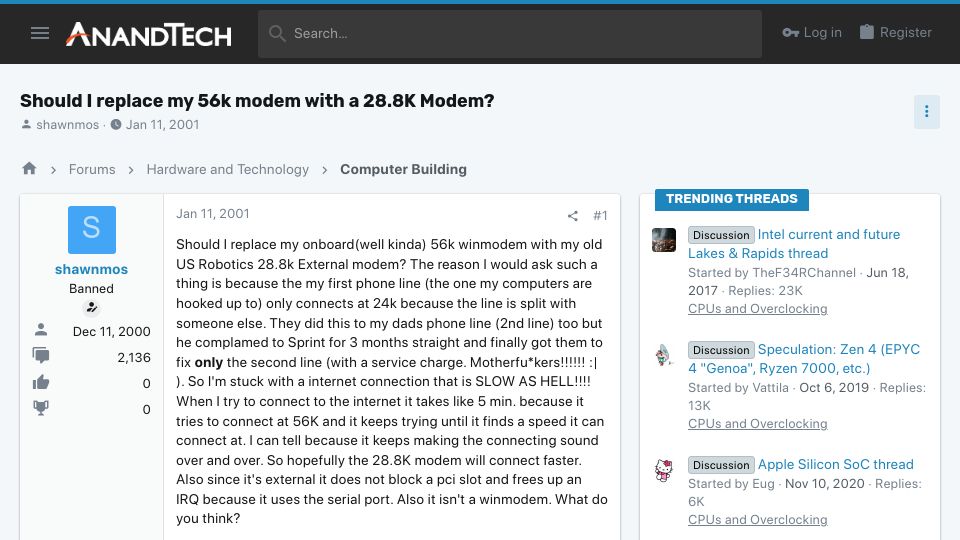 Screenshot of forums.anandtech.com: Should I replace my 56k modem with a 28.8K Modem? (2001)