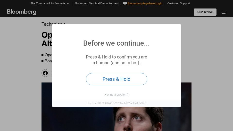 Screenshot of bloomberg.com: OpenAI negotiations to reinstate Altman hit snag over board role