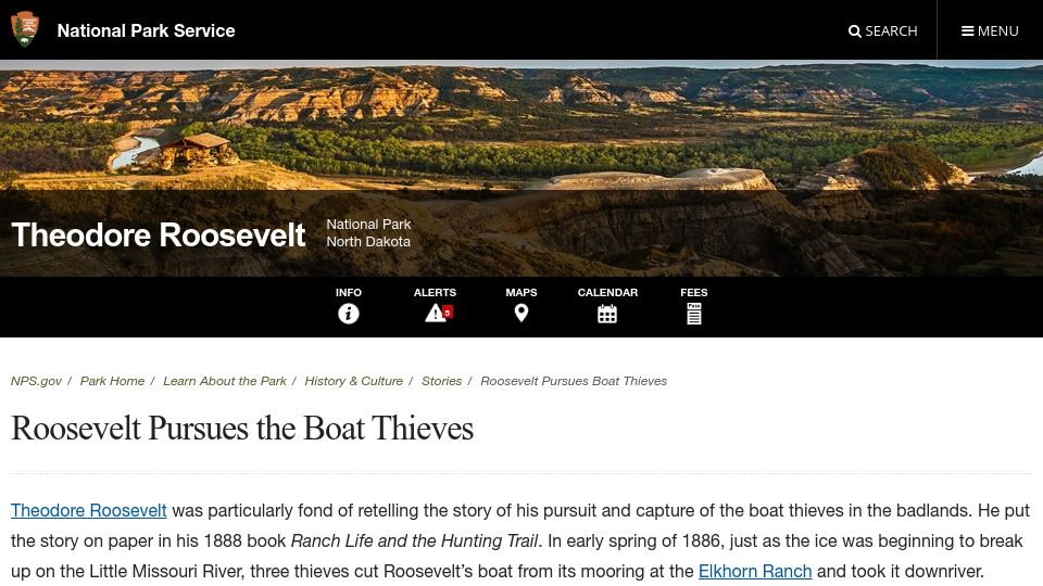Screenshot of nps.gov: Teddy Roosevelt pursues the boat thieves (2015)