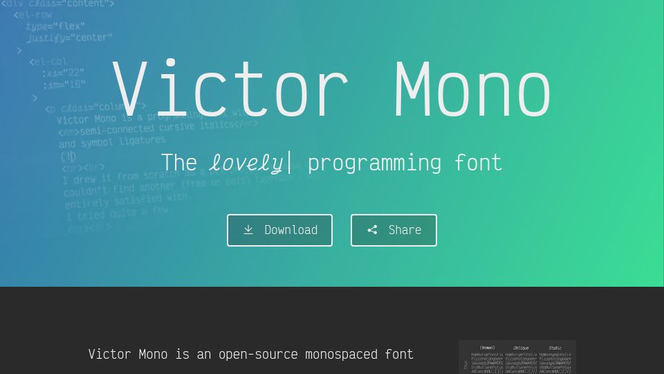 Screenshot of rubjo.github.io: Victor Mono Typeface
