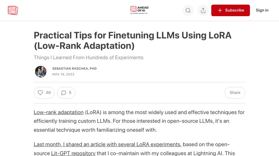 Screenshot of magazine.sebastianraschka.com: Practical Tips for Finetuning LLMs Using LoRA (Low-Rank Adaptation)
